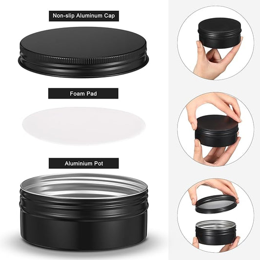 Therwen 48 Pcs Aluminum Tin Jars Containers Metal Leak Proof Cosmetic Tin Jars Containers Round Screw Lids Lip Balm Can Empty Refillable Cosmetic DIY Storage (1.6 x 3.9 Inch,Black)