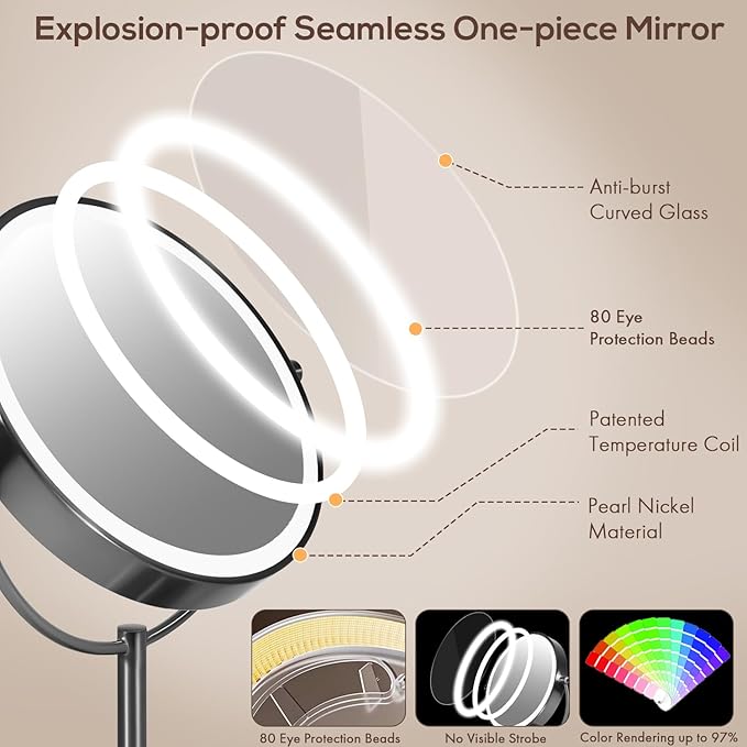 VESAUR 9" 1X15X Lighted Makeup Mirror, 5000mAh Rechargeable 2-Sided Magnifying Mirror with 3 Dimmable Lights, 360° Rotation Vanity Mirror, Tabletop Detachable Travel Mirror, Black Nickel with Gift Box