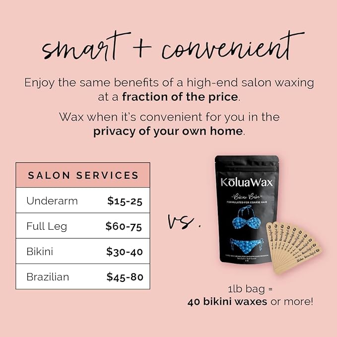 KoluaWax Hard Wax Beads for Hair Removal – Coarse Hair Formula – Face, Brazilian, Underarms, Back Chest, Bikini Waxing – Sea Salt & Surf, 1lb Refill for Wax Warmers & 10 Large Applicator Sticks 2 Pack