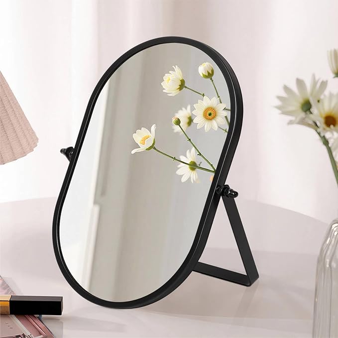 Metal Stand Adjustable Makeup Vanity Mirror Portable Black Desktop Mirror with 180° Rotation Desk Mirrors for Dressing Room,Bedroom, Bathroom,Tabletop