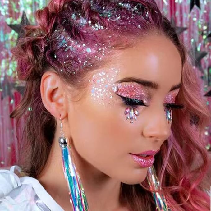 Pink Body Face Glitter Gel, Liquid Holographic Chunky Glitter Singer Concerts Music Festival Rave Accessories, Mermaid Lip Eye Nails Hair Body Glitter Makeup, 50g