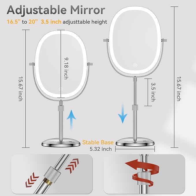DOWRY Lighted Makeup Mirror with 7X Magnification, Height Adjustable Vanity Mirror, Rechargeable 3 Color Lights Lighted Makeup Mirror, 360° Swivel Double Sided Magnifying Mirror