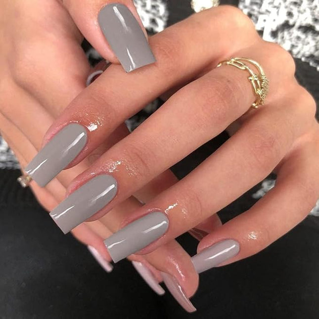 KXAMELIE Grey Press-on Medium Coffin Nails - Reusable, Natural, Thick, Solid Color, 24 Long Square Nails