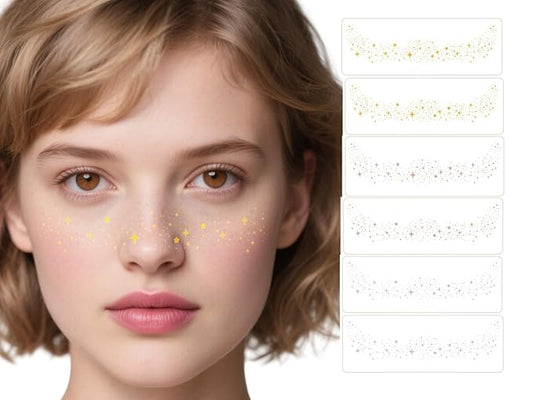 Glitter Freckles Temporary Face Tattoos, 6pcs Makeup Patches, Rose Gold, Silver and Gold Glitter Freckles Face Tattoo (B-Star)