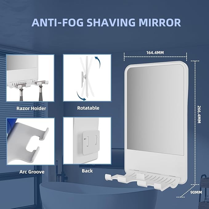 Shower Mirror for Shaving Fogless with Multifunctional Storage for Razor and Shaving Foam Canister,Adjustable Angle Mirror (White)