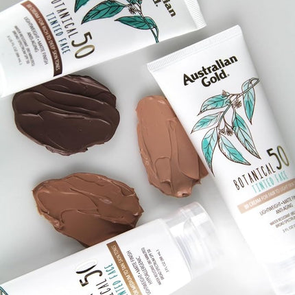 Australian Gold Botanical SPF 50 Tinted Sunscreen for Face, Non-Chemical BB Cream & Mineral Sunscreen,Water-Resistant,Matte Finish,For Sensitive Facial Skin,Rich to Deep Skin Tones, 3 FL Oz, Rich-Deep