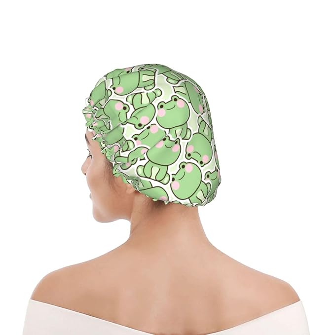 Cute Frogs Shower Cap For Women Reusable Waterproof Double Layers Bath Cap Hair Protection Elastic Ladies Spa Salon Shower Hat