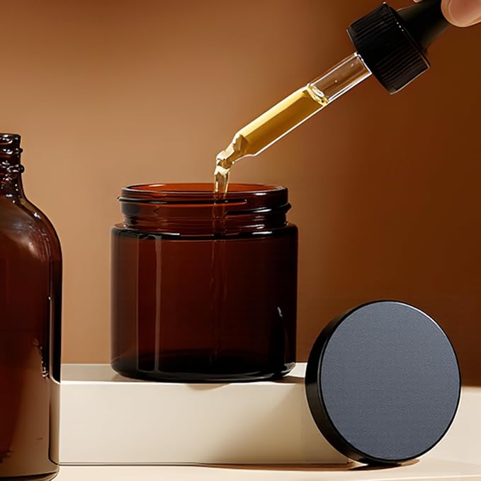 2oz Jars with Lids, HOA Kinh 40 Pack Amber Glass Jars with Lids Empty Cosmetic Containers Round Airtight Glass Jar with Black Lid for Storing Lotions Powders Ointments