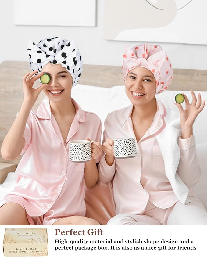 2Pcs Shower Caps for Women Shower Cap Reusable Waterproof Hair Cap for Shower with Adjustable Bowknot Luxury Bath Cap for Women (Black Dot & Pink Dot)