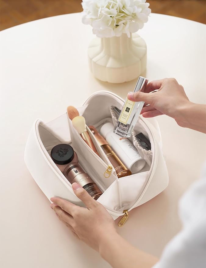 Yarnic White Neoprene Travel Makeup Bag Cosmetic Bag, Large Capacity Toiletry Bag for Women, Portable Pouch Cute Make Up Organizer with Divider and Handle