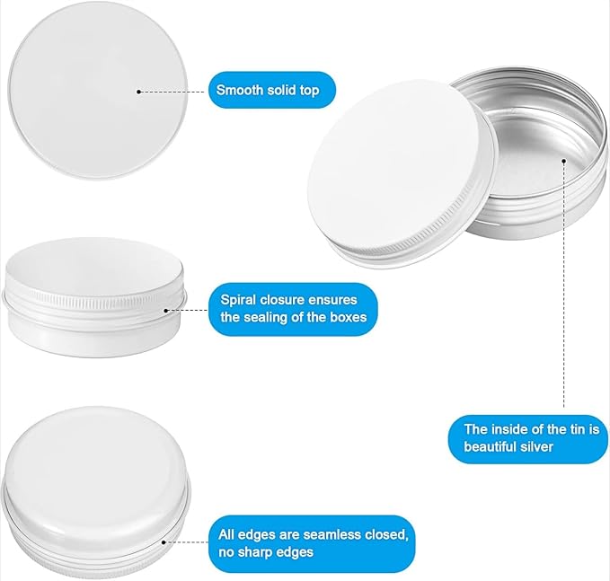 Patelai 2 oz 120 pcs Metal Round Tins Aluminum Tin Cans Salve Tins Containers with Screw Lid 20 Sheets Stickers for Salve Spice Candies Balms Candles (White)