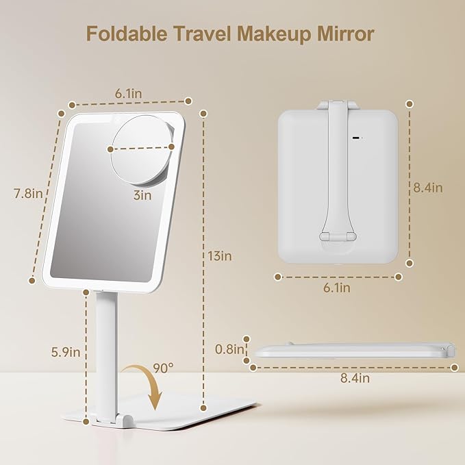 Benbilry Travel Makeup Mirror with Light, 15X Magnifying Mirror & 3 Color Modes, 1800mAh Rechargeable, Adjustable Height/Angle Stand, Foldable LED Vanity Mirror for Tabletop (White)