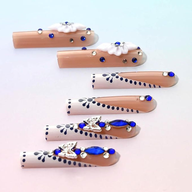 RUOKEXIN Long Nail Press ons Square Press on Nails White French Fake Nails Nude Full Cover False Nails with 3D Flower Butterfly Designs Sparkly Glue on Nails Fall Winter Stick on Nails for Women 24Pcs