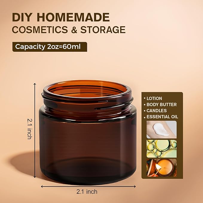 2oz Jars with Lids, HOA Kinh 40 Pack Amber Glass Jars with Lids Empty Cosmetic Containers Round Airtight Glass Jar with Black Lid for Storing Lotions Powders Ointments