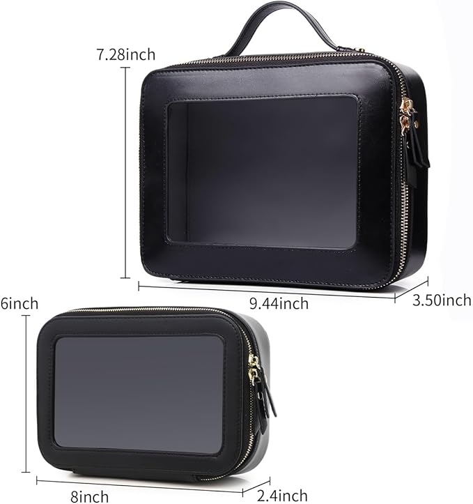 Pinkmik Clear Makeup Bag for Women Waterproof Travel Cosmetics and Toiletries Case Portable Makeup Oaganizer Bag Clear Car Bag with Zipper (Black, M+L-1)