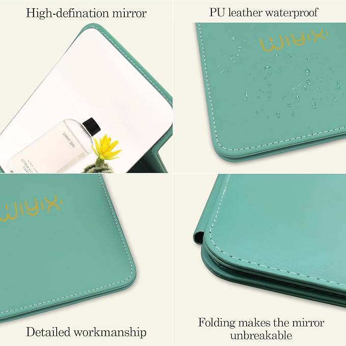 Foldable Travel Makeup Mirror, Adjustable Angle Portable Standing Vanity Mirror, Compact PU Leather Design for Home/Camping/Desktop Use, Fresh Green (8.4"x6")
