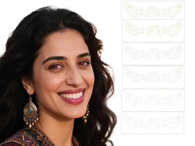 Glitter Freckles Temporary Face Tattoos, 6pcs Makeup Patches, Rose Gold, Silver and Gold Glitter Freckles Face Tattoo (C-Freckle)