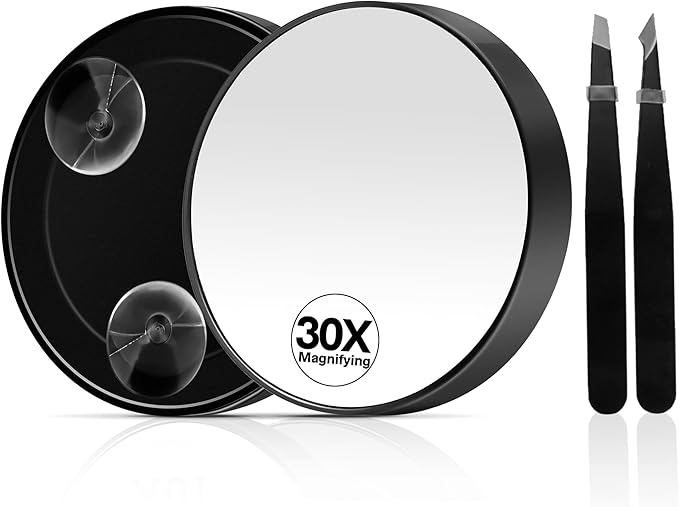 30X Magnifying Mirror, Magnifying Mirror Suction Cup, Travel Makeup Mirrors with Precise Tweezers, Compact Mirrors for The Removal of Female Facial Hair, 3.5 Inches (Black)