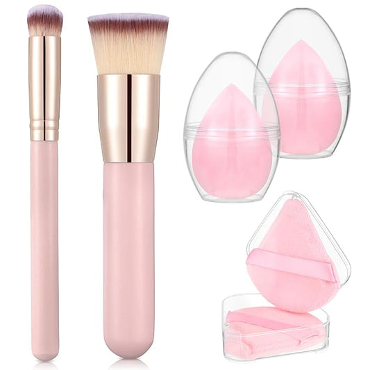 6Pcs Foundation Brush for Liquid Makeup,Liquid Foundation Brush with Makeup Sponge and Powder Puff for Foundation, Powder, Blush,Concealer(Pink)