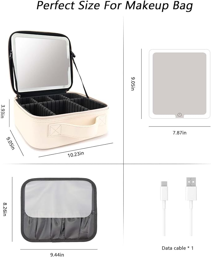 Travel Makeup Bag with LED Mirror Travel Makeup Organizer with 3 Lighted Settings, Adjustable Dividers and Makeup Brush Storage Bag White