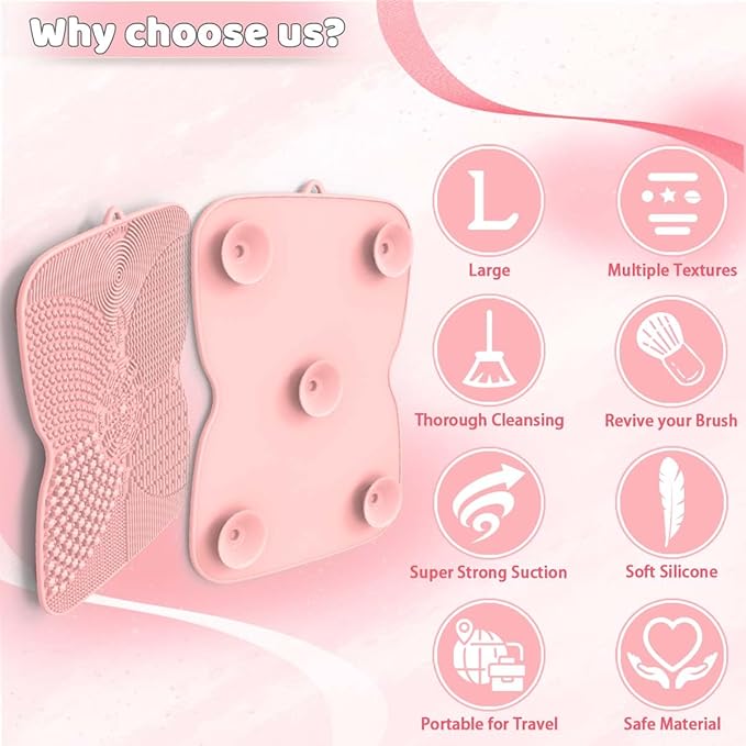 Silicone Makeup Brush Cleaner Pad with Suction Cup, 8 Textures, Stable, Makeup Brush Cleaning Mat (Pink)