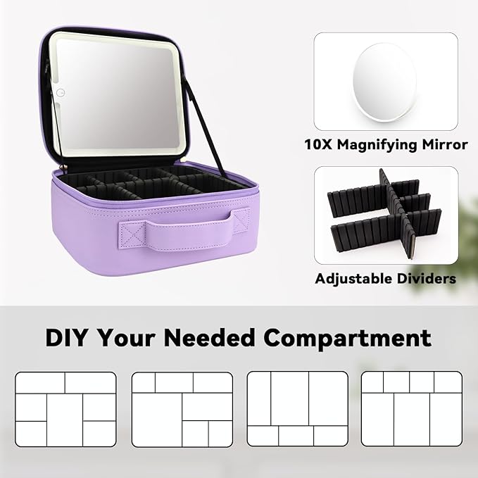 Travel Makeup Bag with LED Mirror and 10x magnifying glass with 3 Lighted Settings, Adjustable Dividers and Makeup Brush Storage Bag Purple