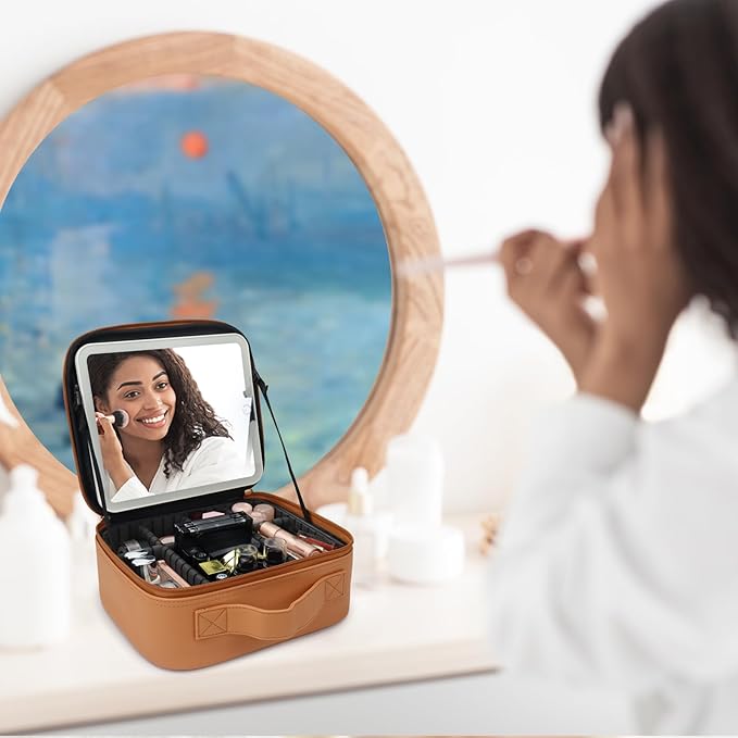 Travel Makeup Bag with LED Mirror Travel Makeup Organizer with 3 Lighted Settings, Adjustable Dividers and Makeup Brush Storage Bag Caramel