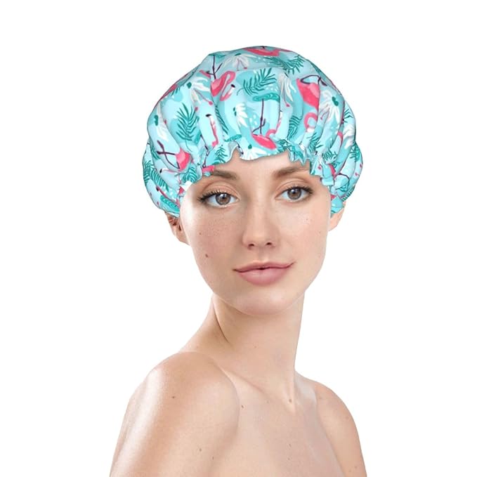Pink Flamingos Shower Cap For Women Reusable Waterproof Double Layers Bath Cap Hair Protection Elastic Ladies Spa Salon Shower Hat