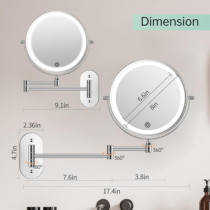 FUNTOUCH 2500mAh Rechargeable Wall Mounted Lighted Makeup Vanity Mirror 8 Inch Double Sided 1X 20X Magnifying Bathroom Mirror, 3 Color Lighting, Touch Dimming, Extended Arm 360° Light up Mirror