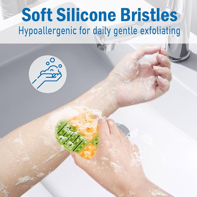 2-in-1 Silicone Body Hair Scrubber Upgraded Bristles Exfoliating Massage Shower Body Scrub Bathing Brush for All Skin No Slip Ergonomic Handle Exfoliator Silicone Loofah Easy Clean (1pc Green+Yellow)