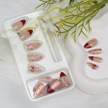 Short Press on Nails Almond Fake Nails with French Bow Dot Designs Cat Eye Nails Press ons Nude Pink False Nails Artificial Christmas Acrylic Nail for Women Girls 24 Pcs