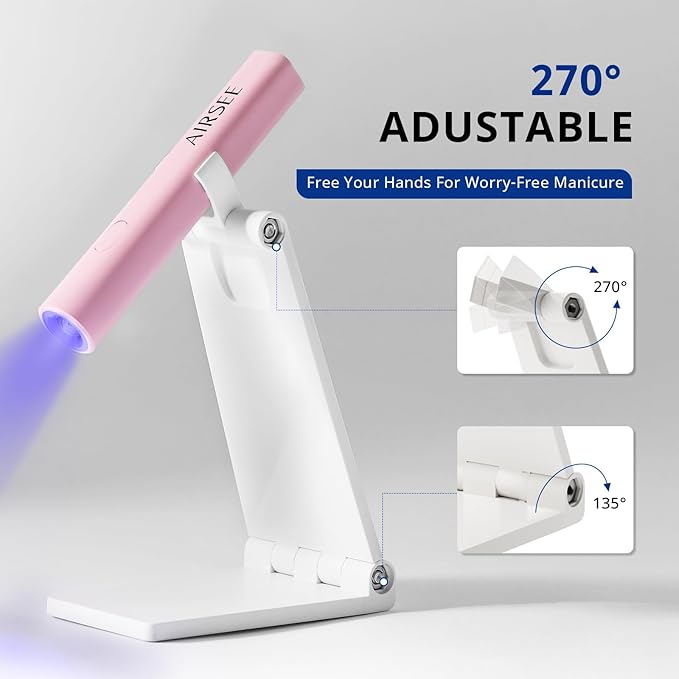 AIRSEE Mini Handheld UV Light for Gel Nails with Stand,Portable Rechargeable Nail Lamps,2 Timers for Fast Nail Extension,Rhinestone Glue Decoration,Gel Nail Strips at Home,Travel(Pink)