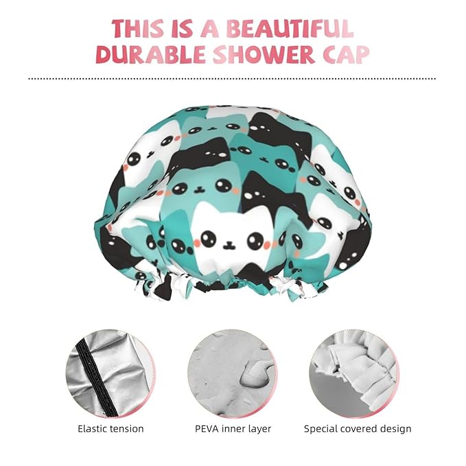 Cat Pattern Shower Cap For Women Reusable Waterproof Double Layers Bath Cap Hair Protection Elastic Ladies Spa Salon Shower Hat