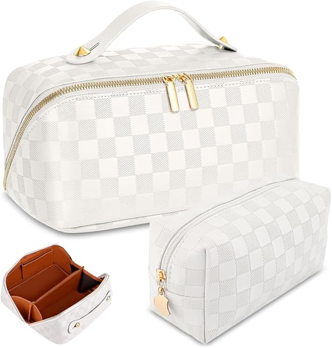 Checkered Travel Makeup Bags Cosmetic Organizer Bag: 2-Set Large Capacity Waterproof Makeup Bag - PU Leather Toiletry Bag for Women - Wide Open Portable Pouch with Handle and Divider (WHITE)