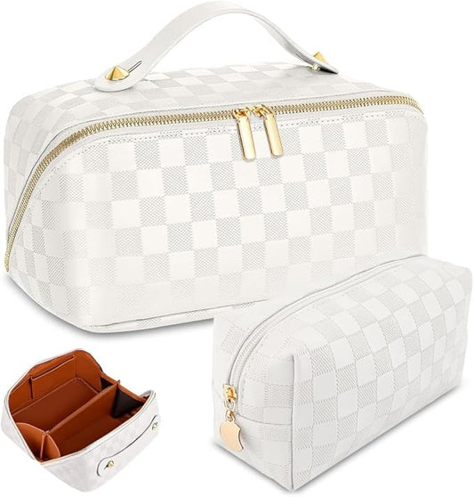 Checkered Travel Makeup Bags Cosmetic Organizer Bag: 2-Set Large Capacity Waterproof Makeup Bag - PU Leather Toiletry Bag for Women - Wide Open Portable Pouch with Handle and Divider (WHITE)