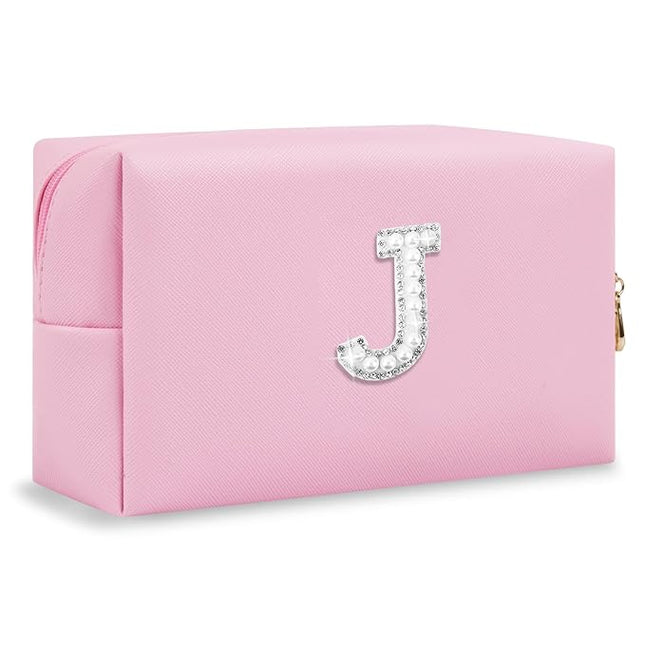 ChaoGreat Bride Gifts – Personalized Initial Makeup Bag with Pearl Rhinestone Patch, Preppy Pink Monogram Cosmetic/Toiletry Pouch, bridesmaid Gifts, Bridal Shower Gifts, Wedding Gifts, Bridal Gifts,J