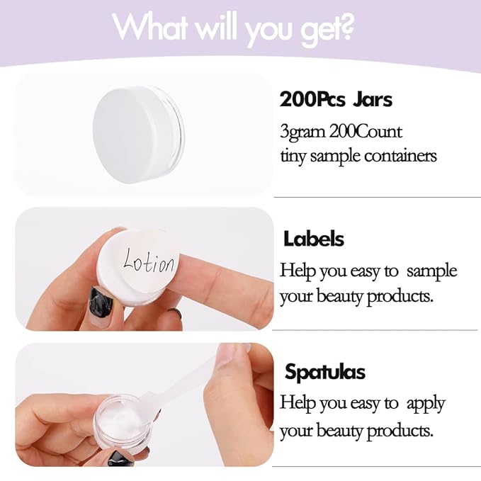3 Gram Sample Containers With Lids, 200 Count Tiny Jars, Empty Lip Balm, Mini Cosmetic Containers, Makeup Travel With Labels, Mini Disposable Spatulas