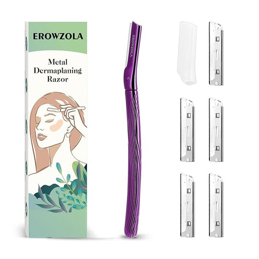 Eyebrow Razor, Face Razors for Women and Men, Reusable Metal Handle with 6 Refill Blades, Eyebrow Trimmer with Precision Cover, Dermaplane Razor, Skin Care Tool, Purple