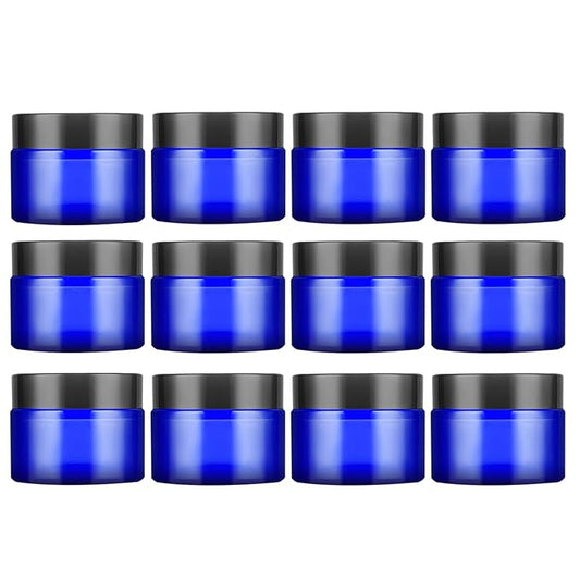 1 Oz Blue Round Glass Jars with Inner Liners and Black Lids(12PCS) Empty Cream Containers Refillable Cosmetic Vials for Cosmetics, Lotions, Ointment, Body Scrubs & Balms