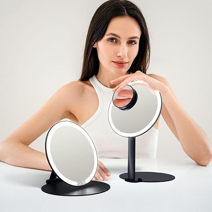 Fancii Abigail Rechargeable Travel Makeup Mirror with LED Light, 8" Foldable Stand, 3 Color Lighting Travel Mirror. Dimmable & Lightweight Portable Vanity Mirror, Beauty Travel Essential (Black)