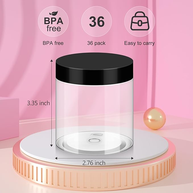 36 Pack 8oz Household Plastic Jars with Lids, BPA Free, Reusable, Refillable Transparent Cosmetic Containers for Bath Salts, Cosmetics, Powders, Beauty Product and Small Accessories, Black