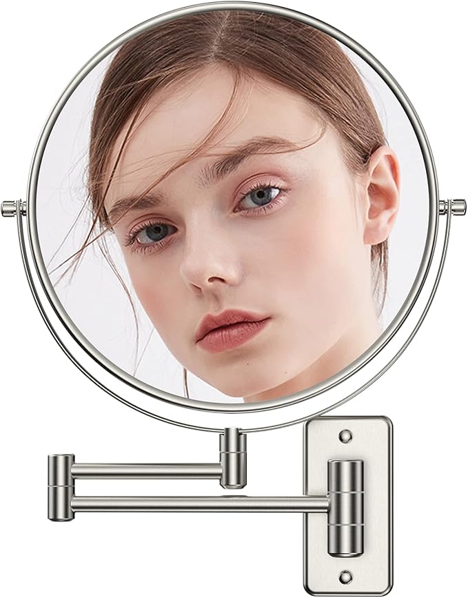 Benbilry 9" Large Size Wall Mounted Makeup Vanity Mirror, 1X/10X Magnifying Double Sided Shaving Mirror for Bathroom, 360° Swivel Extendable Arm, Nickel Finish