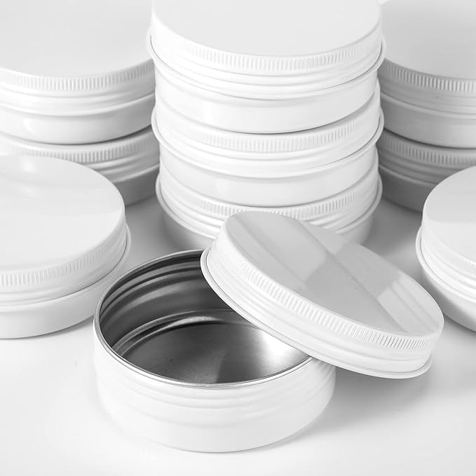 Patelai 2 oz 120 pcs Metal Round Tins Aluminum Tin Cans Salve Tins Containers with Screw Lid 20 Sheets Stickers for Salve Spice Candies Balms Candles (White)