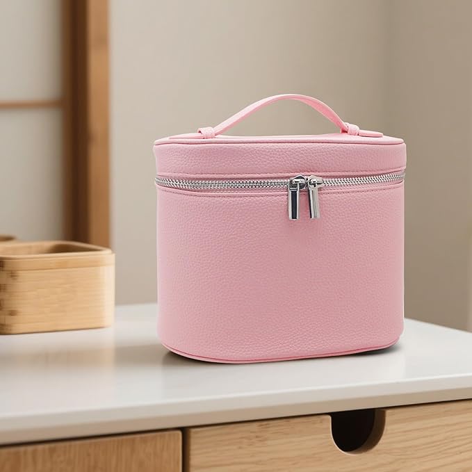 KJMYYXGS Leather Makeup Bag with Dividers Make Up Organizers with Compartments and Handle for Vanity Travel Makeup Countertop Case (pink)