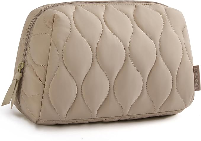 BAGSMART Makeup Bag, Travel Cosmetic Bag, Puffy Padded Make Up Bag for Women, Makeup Organizer Case, Wide-open Pouch Purse, Travel Essentials, Toiletries Accessories Brushes, Camel(Khaki)