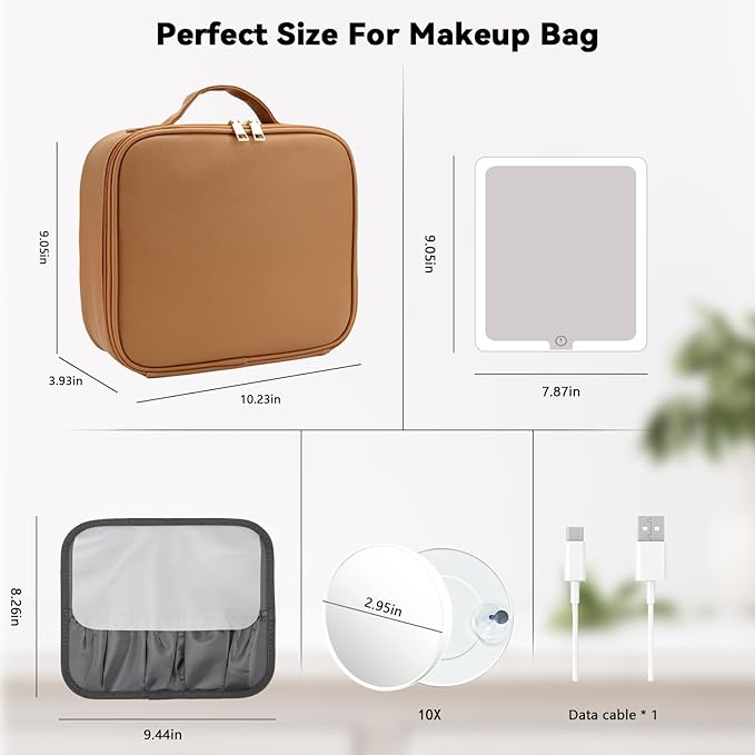 Travel Makeup Bag with LED Mirror and 10x magnifying glass with 3 Lighted Settings, Adjustable Dividers and Makeup Brush Storage Bag Brown