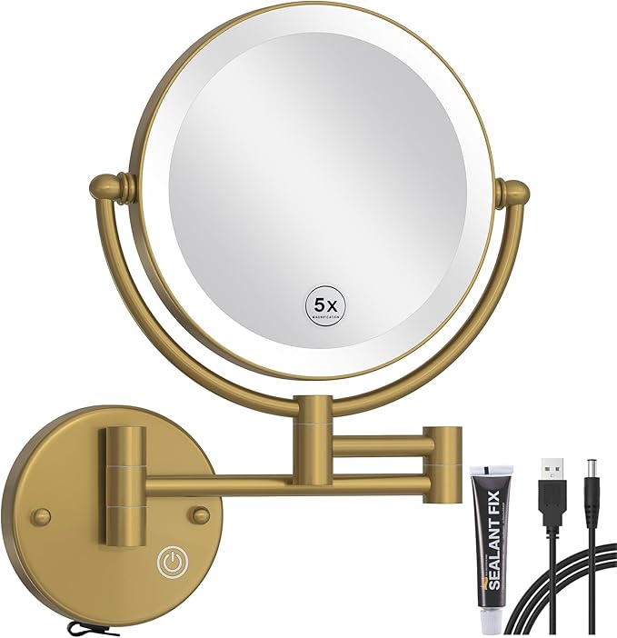 Wall Mounted Lighted Makeup Mirror with Magnification 5X, Rechargeable Bathroom Magnifying Shaving Cosmetic Mirror with Extension Swing Arm, Touch Stepless Dimming, Brushed Moderne Brass