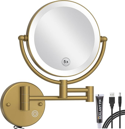 Wall Mounted Lighted Makeup Mirror with Magnification 5X, Rechargeable Bathroom Magnifying Shaving Cosmetic Mirror with Extension Swing Arm, Touch Stepless Dimming, Brushed Moderne Brass