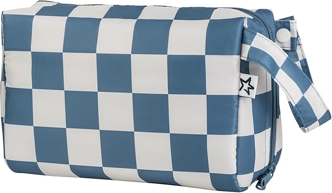 Tiny Twinkle Portable Waterproof Makeup Bag | Travel-Friendly Cosmetic Organizer with Convenient Carry Handle | Spacious Interior, and Secure Zipper Closure (Blue Checkers)