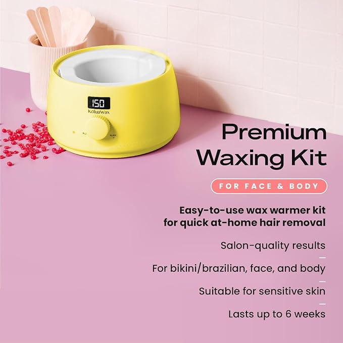 KoluaWax Premium Waxing Kit for Women - Hot Melt Hard Wax Warmer for Hair Removal, Eyebrow, Bikini, Legs, Face, Brazilian Wax - Machine, 4-Pack Beads, Accessories, Sun